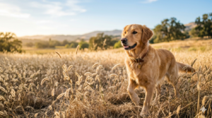 Golden retriever standing in dry foxtail grass field in California — guide to foxtails in dogs